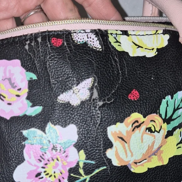 Betsey Johnson Black Floral Satchel with Pink Handles & Bow - Picture 9 of 9